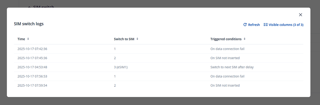 Teltonika RutOS SIM switch logs page