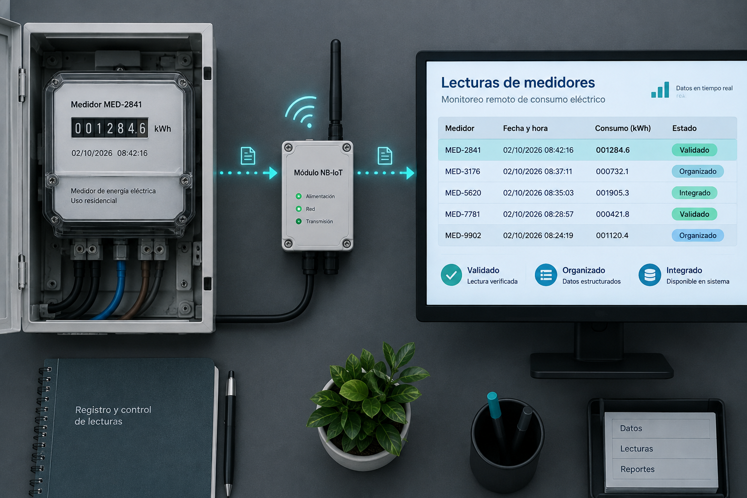 Medidor 001284.6 kWh conectado por módulo NB-IoT a un panel con registros validados: cómo funciona la telelectura de contadores.