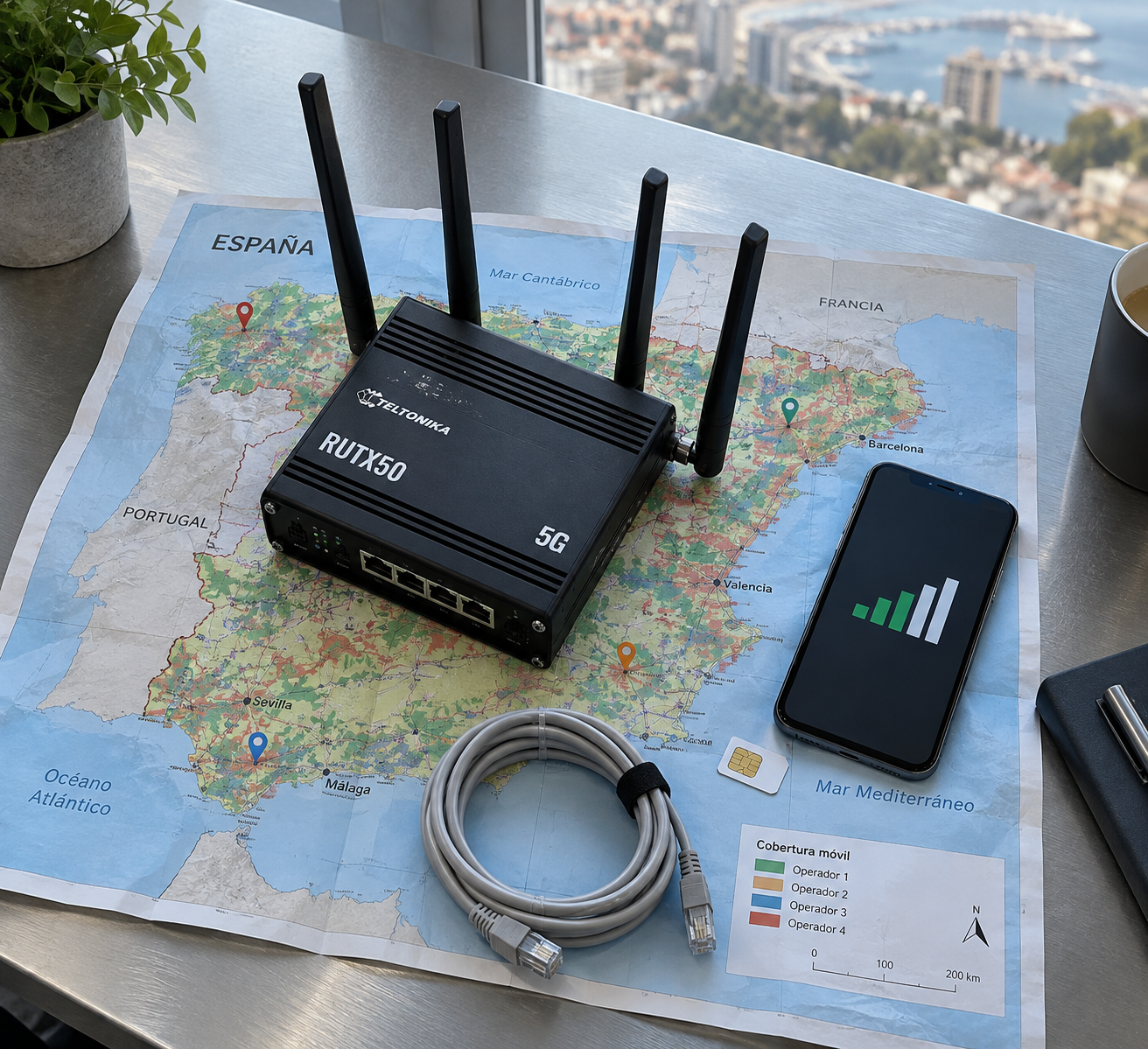 teltonika rutx50 con antenas sobre un mapa de España, junto a una SIM, un cable Ethernet y un móvil con señal.