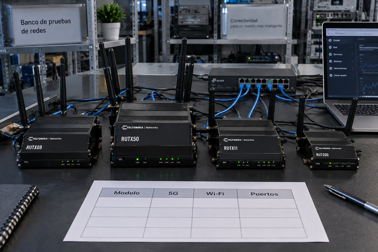 Banco de pruebas con routers Teltonika, el teltonika rutx50 destacado junto al RUTX08, RUTX11 y RUT200; tabla comparativa en español.