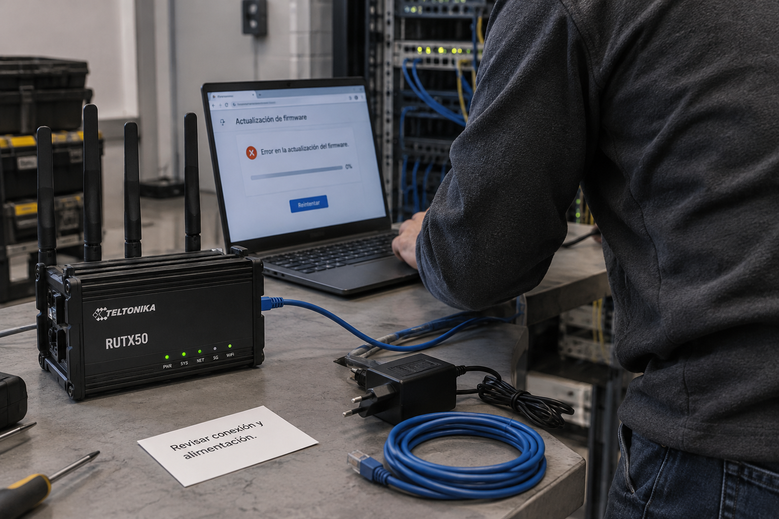 Teltonika RUTX50 en un banco técnico, conectado a un portátil que muestra un error de actualización de firmware.